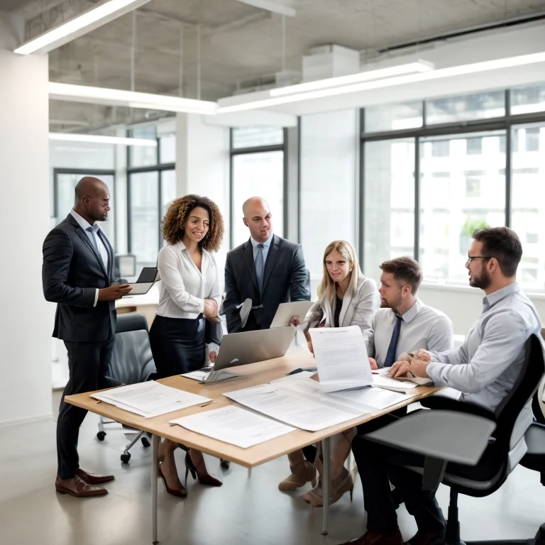 Professionnels discutant autour d’une table avec des documents juridiques